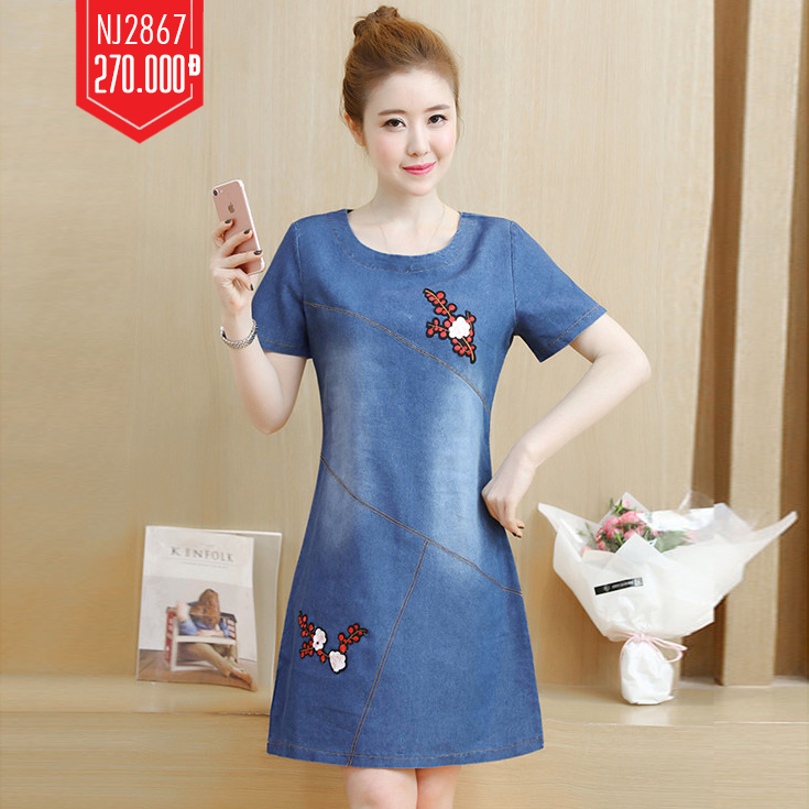 ĐÀM JEAN SUÔNG CỔ TRÒN THÊU HOA