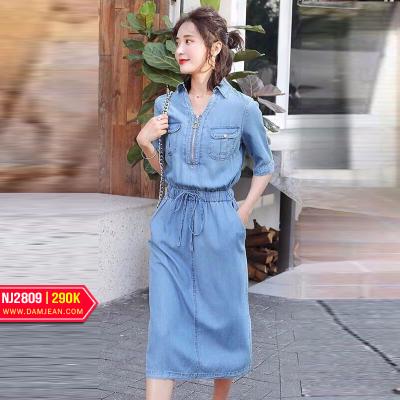 ĐẦM JEAN DENIM DÁNG DÀI CỔ SƠ MI EO THUN PHỐI DÂY KÉO - ND507